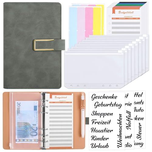 KONVINIT Budget Planner Deutsch A6 PU Leder Budget Binder Geld Organizer mit Geldfächer,Budgetblätter,Etikettenaufklebern,Deutsche Aufkleber,Grau von KONVINIT