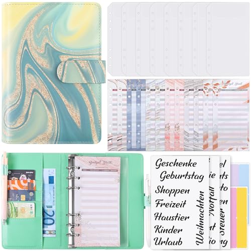 KONVINIT Budget Planner Deutsch A6 PU Leder Geld Organizer,Budget Binder,Geld Organizer Mappemit Geldfächer,Budgetblätter,Etikettenaufklebern,Deutsche Aufkleber,Grün von KONVINIT