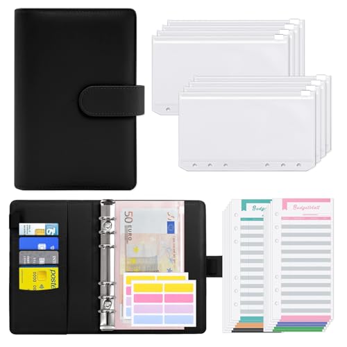 KONVINIT Budget Planner Deutsch Budget Binder A6,Budgetplaner Geldumschläge Umschlagmethode Sparen,Sparbuch mit Folien,Geld Organizer mit Budgetbogen,Etiketten,black von KONVINIT