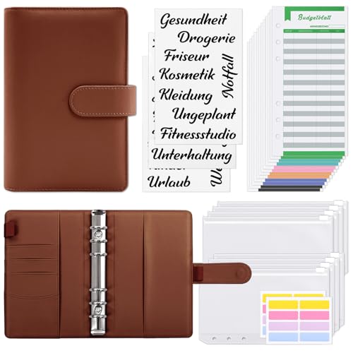 KONVINIT Budget Planner Deutsch Budget Binder A6,Budgetplaner Geldumschläge Umschlagmethode Sparen,Sparbuch mit Folien,Geld Organizer mit Budgetbogen,Etiketten,brown von KONVINIT