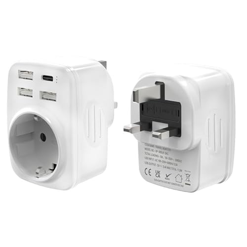 EU to UK Adapter, Typ G Stecker，Reiseadapter für England, 3 USB-A und Typ C, 250V/13A, 3250W, für Malaysia,Irland, Singapur, Hong Kong von KONYEN