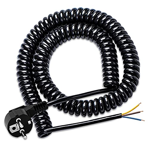 Protective Contact Schutzkontakt Spiralleitung (230V/16A), 1,05 m auf 5m dehnbares Spiral-Kabel mit Schutzkontaktwickelstecker & Schutzkontaktkupplung, PVC Verlängerungskabel, schwarz von KONYEN