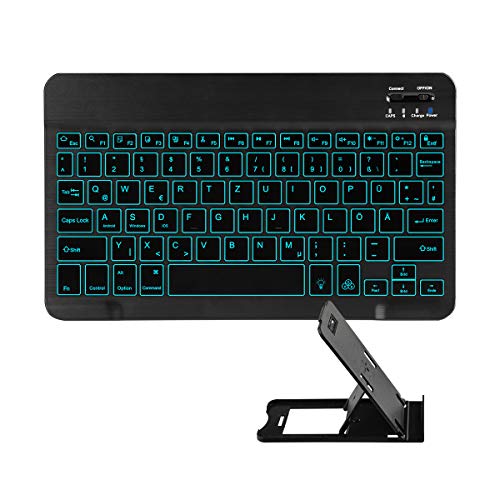 Bluetooth Tastatur Universal Tragbare QWERTZ Deutsche 7-Farben-Wieder beleuchtete wiederaufladbare Tastatur für iOS Android Windows PC Tablet Mac Smartphone,mit Tablettenständer Bluetooth Tastatur Universal Tragbare QWERTZ Deutsche 7-Farben-Wieder beleuchtete wiederaufladbare Tastatur für iOS Android Windows PC Tablet Mac Smartphone,mit Tablettenständer von KOOCHUWAH