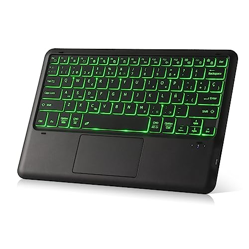 Bluetooth-Tastatur mit Touchpad-Maus und LED-Hintergrundbeleuchtung, 11 Farben, spanische QWERTY-Tastatur für Tablet, kompatibel mit Smart Fire TV Box, iPad, Smartphone, Mac, PC, Laptop (nur Tastatur) von KOOCHUWAH