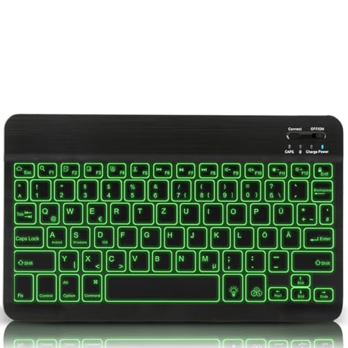 Kabellose Bluetooth Tastatur, Wireless Tastatur für iPad/Samsung/iPhone Tablet PC mit Hintergrundbeleuchtung, Wiederaufladbar Bluetooth Tragbare QWERTZ Tastatur für iOS, Windows, Android (7-Farben) von KOOCHUWAH