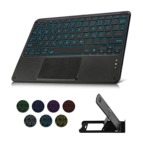 Tastatur Bluetooth Tablet mit Touchpad Beleuchtete wiederaufladbare QWERTZ Tastatur Kabellose Tastatur mit 7 Farben Beleuchtete für iPad,Android Tablet,Microsoft Surface,Schwarz von KOOCHUWAH