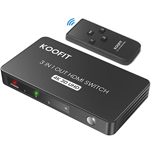 HDMI Switch Automatisch, HDMI Switch 4k Splitter 3 in 1 Out, Umschalter mit Fernbedienung, Verteiler Unterstützt UHD 4K 3D HDR HDCP1.4 für TV Stick Xbox PS4 Blu-Ray DVD von KOOFIT