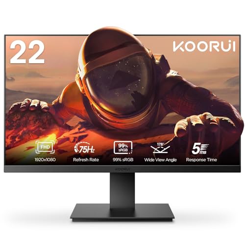 KOORUI 22 Zoll Business Computer Monitor, Desktop Gaming Monitor, FHD 1080p, 75hz, Eye Comfort, sRGB 99% Farbumfangs, (Ultradünne Blende, HDMI, VGA, Neigbar, VESA 75x75), PC Bildschirm von KOORUI