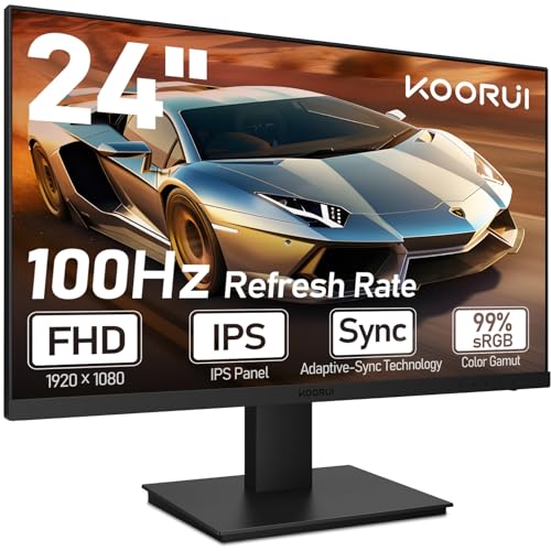 KOORUI 24 Zoll Monitor mit Lautsprecher, Rahmenlos Bildschirm, IPS PC Monitor, FHD 1080P, HDMI 1.4 (100Hz) & VGA(60Hz), VESA 75 x 75 mm,Adaptive Sync, Eye Care von KOORUI