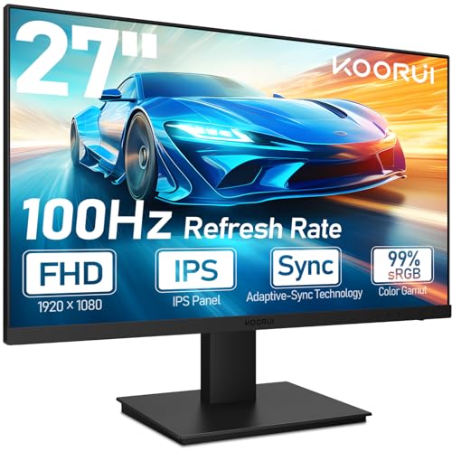 KOORUI 27 Zoll Gaming Monitor, 100Hz Full HD(1920 x 1080) Bildschirm mit integrierten Lautsprechern, HDMI, IPS Display, Neigungsverstellbar, Augenpflege, VESA-Wandmontage von KOORUI