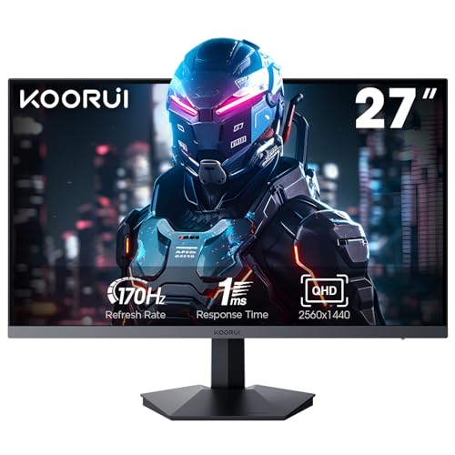 KOORUI 27 Zoll Gaming Monitor, QHD 2560 x 1440 PC Bildschirm Adaptive-Sync Technology (IPS-Panel, 170Hz, 1ms, DCI-P3 90%, Gsync Compatibility, 2xHDMI, VESA, DisplayPort, Einstellbare Neigung) von KOORUI