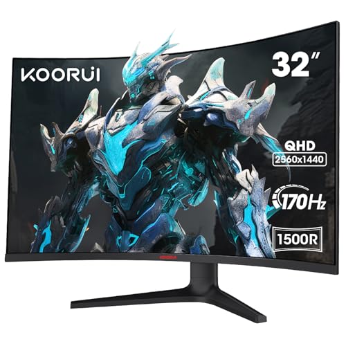 KOORUI 32 Zoll Curved Ultrawide Gaming Monitor, 2K QHD(2560x1440), 170Hz, 1ms, 1500R, VA, HDR 10, 2xHDMI (170Hz or 144Hz), DP (170Hz), AdaptiveSync, DCI-P3 90%, SRGB100%, VESA 75x75mm, Eye Care von KOORUI