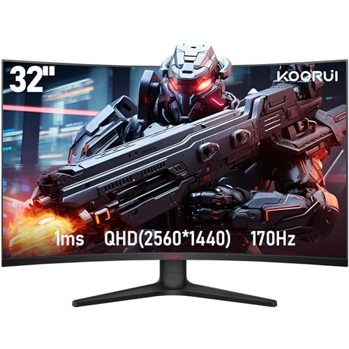 KOORUI 32 Zoll Curved Ultrawide Gaming Monitor, 2K QHD(2560x1440), 170Hz, 1ms, 1500R, VA, HDR 10, 2xHDMI (170Hz or 144Hz), DP (170Hz), AdaptiveSync, DCI-P3 90%, SRGB100%, VESA 75x75mm, Eye Care von KOORUI