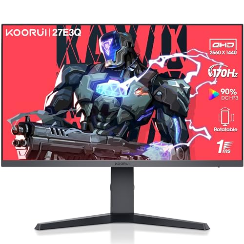 KOORUI Gaming Monitor 27 Zoll, 170Hz, IPS, 2K QHD(2560 x 1440p), HDR 400, 1ms, Adaptive Sync, DisplayPort, HDMI, 100% sRGB, Höhenverstellbar, Augenpflege, VESA 75x75 von KOORUI