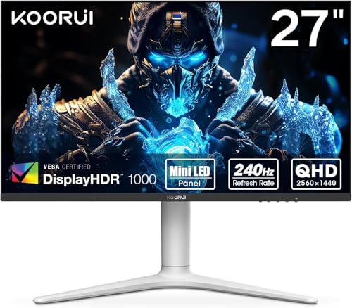 KOORUI Gaming Monitor 27 Zoll, 240Hz, VA Mini LED, 1ms, QHD Gaming Bildschirm Adaptive Sync, 2xHDMI 2.0 & DisplayPort 1.4, HDR 1000, DCI-P3 95%, VESA 75 * 75mm, Eye Care, Höhenverstellbar von KOORUI