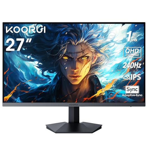 KOORUI Gaming Monitor 27 Zoll - QHD 2560x1440 IPS Bildschirm PC, 240Hz, 1ms, Adpitive-Sync, Gsync Compatibility HDMI DisplayPort von KOORUI