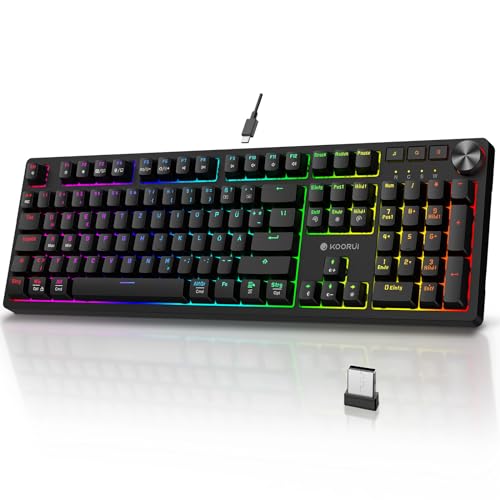 KOORUI Gaming Tastatur, Mechanisch Tastatur Kabellos/Kabelgebunden/Bluetooth RGB Keyboard Wiederaufladbare Batterie Full Size Tasten Deutsches Layout QWERTZ für Windows MacOS Linux-Blauer Schalter KOORUI Gaming Tastatur, Mechanisch Tastatur Kabellos/Kabelgebunden/Bluetooth RGB Keyboard Wiederaufladbare Batterie Full Size Tasten Deutsches Layout QWERTZ für Windows MacOS Linux-Blauer Schalter von KOORUI