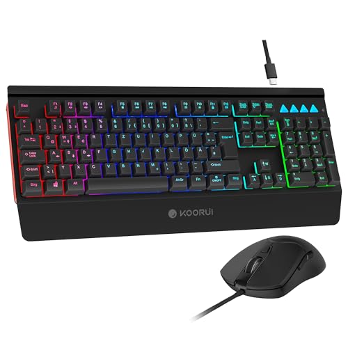 KOORUI Gaming Tastatur Maus Set, Deutsches QWERTZ-Layout mit Handballenauflage Ghosting Schutz Tastaturen USB Kabel 12 Multi Media Tasten und Maus mit 6 Tasten 3200 DPI für Windows MacOS Linux-Schwarz von KOORUI