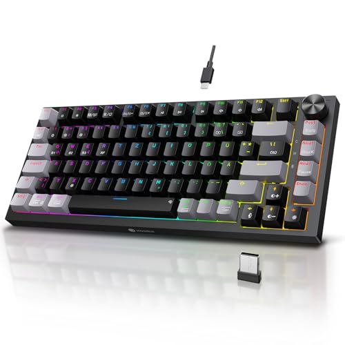 KOORUI Mechanisch Tastatur, Gaming Tastatur Kabellos/Kabelgebunden/Bluetooth 26 RGB Wiederaufladbare 4000mAh Batterie 82 Tasten Deutsches Layout QWERTZ für Windows MacOS Linux-Rotem Schalter von KOORUI