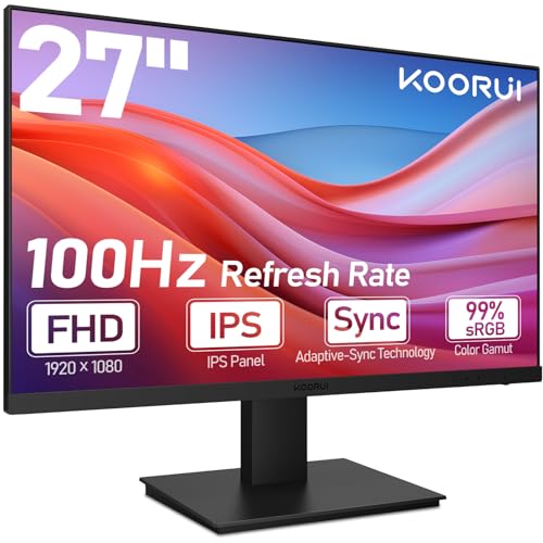 KOORUI PC Monitor 27 Zoll, Gaming Bildschirm 100Hz Full HD(1920 x 1080) mit integrierten Lautsprechern, HDMI, IPS Display, Neigungsverstellbar, Augenpflege, VESA-Wandmontage von KOORUI