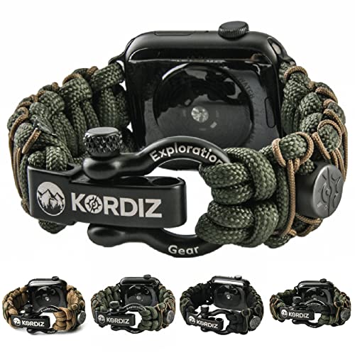 KORDIZ Survivor Pro, Paracord-Armband für Apple Watch, kompatibel mit Apple Watch Serie 8/7/6/5/4/3/2/1/SE & Ultra, mit verstellbarem Edelstahlbügel (Grün & Micro Coyote, L für Ultra 49 mm) von KORDIZ