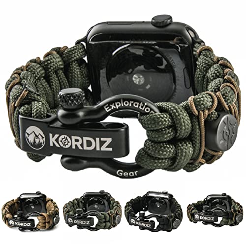 KORDIZ Survivor Pro, Paracord-Armband für Apple Watch, kompatibel mit Apple Watch Serie 8/7/6/5/4/3/2/1/SE & Ultra, mit verstellbarem Edelstahlbügel (Grün & Micro Coyote, S für 42/44/45 mm) von KORDIZ