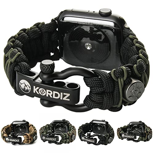 KORDIZ Survivor Pro, Paracord-Armband für Apple Watch, kompatibel mit Apple Watch Serie 8/7/6/5/4/3/2/1/SE & Ultra, mit verstellbarem Edelstahlbügel (Schwarz und Mikrogrün, L für Ultra 49 mm) von KORDIZ