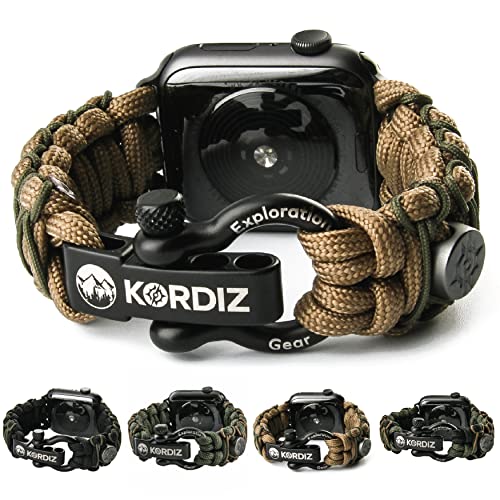 KORDIZ Survivor Pro – Paracord Apple Watch Armband kompatibel mit Apple Watch Serie 8/7/6/5/4/3/2/1/SE & Ultra – 49 mm 45 mm 44 mm 42 mm – mit verstellbarem Bügel aus Edelstahl (Coyote & Micro Green, von KORDIZ