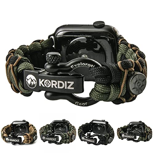 KORDIZ Survivor Pro – Paracord Apple Watch Armband kompatibel mit Apple Watch Serie 8/7/6/5/4/3/2/1/SE & Ultra – 49 mm 45 mm 44 mm 42 mm – mit verstellbarem Bügel aus Edelstahl (Schwarz/Grün & Micro von KORDIZ