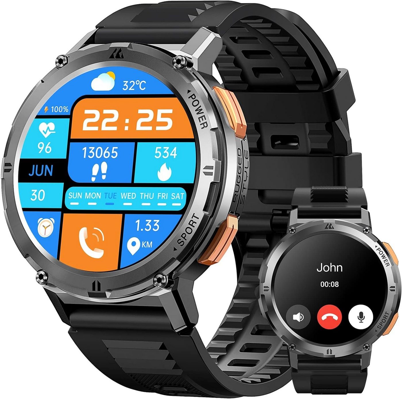 KOSPET T2 Smartwatch Herren, AMOLED Always-On Display Fitnessuhr Smartwatch (1.43 Zoll, Andriod iOS), mit Telefonfunktion,60+Tage Super Langer Akku, KI Sprachassistent von KOSPET
