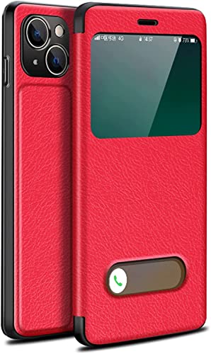 KOSSMA Schutzhülle für iPhone 14, klares Sichtfenster, PU-Leder, Klapp-Handyhülle, Bookstyle-Ständer, Schutzhülle für iPhone 14, 6,1 Zoll (Farbe: Rot) von KOSSMA