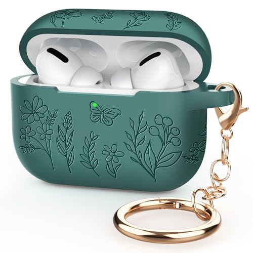 Hülle mit Blumengravur, kompatibel mit AirPods Pro, Silikon-Schutzhülle für AirPods Pro 2. 1. Generation, AirPods Pro Hülle mit Schlüsselanhänger (Kieferngrün) von KOUJAON