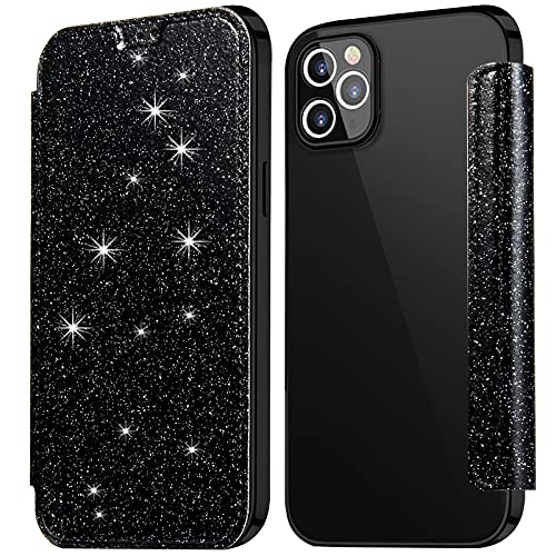 KOUYI Kompatibel mit iPhone 12 Pro Max Hülle, Glitter Shiny Bling Slim PU Leather Folio Flip Handyhülle with Card Slot Schutzhülle Tasche für iPhone 12 Pro Max 6,7 Zoll (Schwarz) von KOUYI