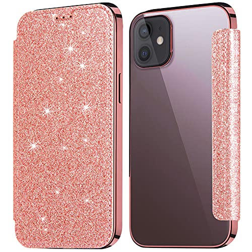 KOUYI Kompatibel mit iPhone 13 Hülle, Glitter Shiny Bling Slim PU Leather Folio Flip Handyhülle with Card Slot Schutzhülle Tasche für iPhone 13 6,1 Zoll (Rosa) von KOUYI