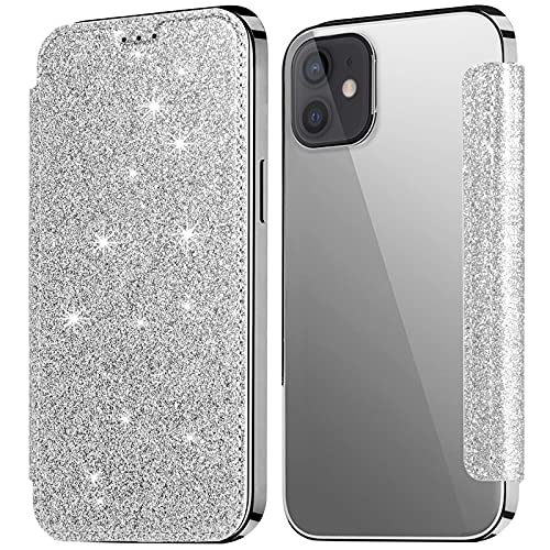 KOUYI Kompatibel mit iPhone 13 Mini Hülle, Glitter Shiny Bling Slim PU Leather Folio Flip Handyhülle with Card Slot Schutzhülle Tasche für iPhone 13 Mini 5,4 Zoll (Silber) von KOUYI