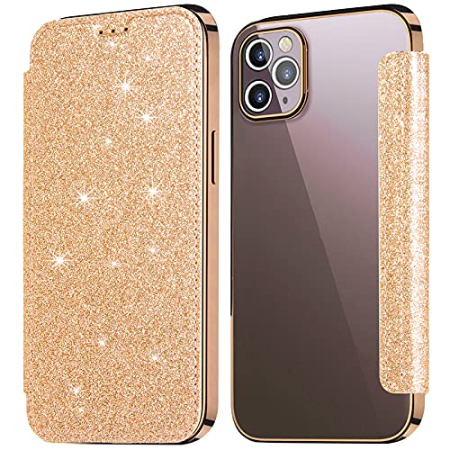 KOUYI Kompatibel mit iPhone 13 Pro Max Hülle, Glitter Shiny Bling Slim PU Leather Folio Flip Handyhülle with Card Slot Schutzhülle Tasche für iPhone 13 Pro Max 6,7 Zoll (Gold) von KOUYI