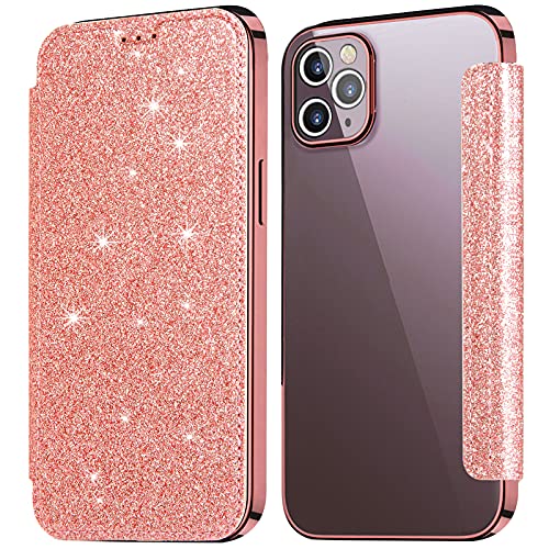 KOUYI Kompatibel mit iPhone 13 Pro Max Hülle, Glitter Shiny Bling Slim PU Leather Folio Flip Handyhülle with Card Slot Schutzhülle Tasche für iPhone 13 Pro Max 6,7 Zoll (Rosa) von KOUYI