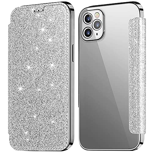 KOUYI Kompatibel mit iPhone 13 Pro Max Hülle, Glitter Shiny Bling Slim PU Leather Folio Flip Handyhülle with Card Slot Schutzhülle Tasche für iPhone 13 Pro Max 6,7 Zoll (Silber) von KOUYI