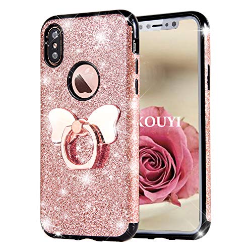 KOUYI Kompatibel mit iPhone XS/X Hülle, [3 in 1 Hybrid TPU Cover PC Schale mit Glitzer Kunstleder] Glitzer Mode Bling Kreativ Shiny Glitter Sparkle Cover Beschützer für iPhone XS/iPhone X (Rosa) von KOUYI