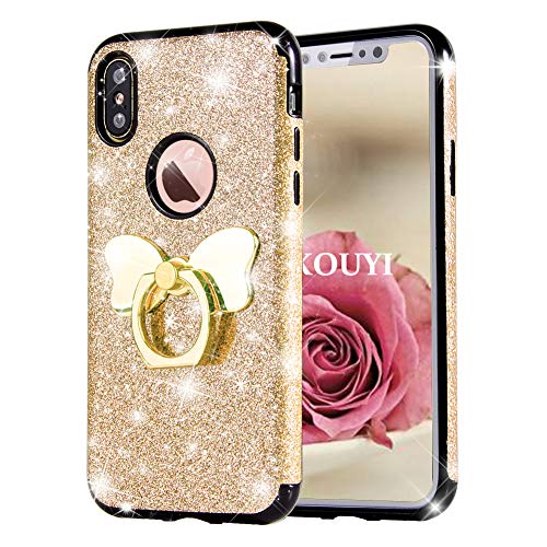 KOUYI Kompatibel mit iPhone XS/iPhone X Hülle, [3 in 1 Hybrid TPU Cover PC Schale mit Glitzer Kunstleder] Glitzer Mode Bling Cute Smartphone Cover Beschützer für iPhone XS/iPhone X 5.8 Zoll (Gold) von KOUYI