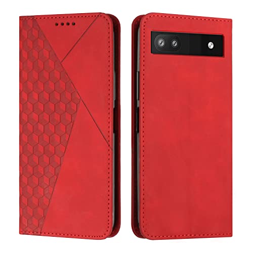 KOUYI Kompatible mit Google Pixel 6A Hülle, Retro Premium PU Leder Weich TPU Klapphülle Kartenfächer Magnetic Standfunktion Flip Wallet Shockproof Handyhülle (Rot) von KOUYI