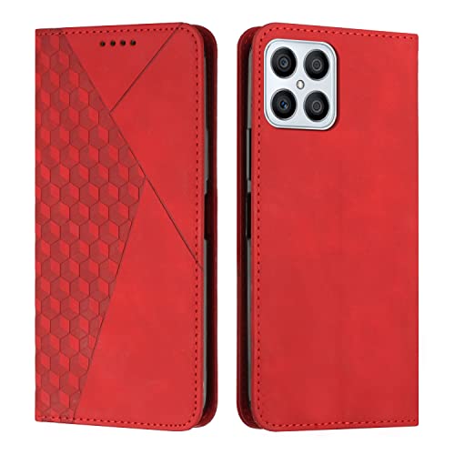 KOUYI Kompatible mit Huawei Honor X8 4G Hülle, Retro Premium PU Leder Weich TPU Klapphülle Kartenfächer Magnetic Standfunktion Flip Wallet Shockproof Handyhülle (Rot) von KOUYI