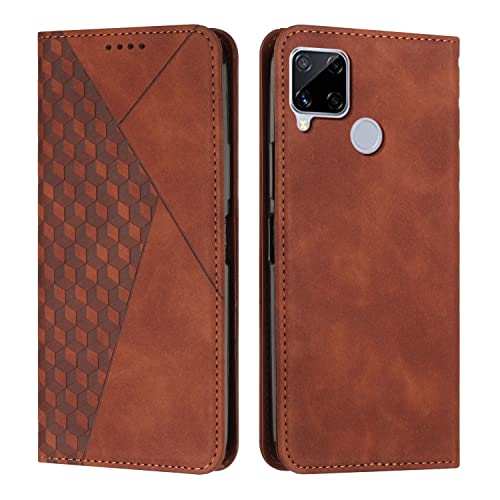 KOUYI Kompatible mit Oppo C25 / C12 / 7i(Global) / Narzo 30A / 20 Hülle, Retro Premium PU Leder Weich TPU Klapphülle Kartenfächer Magnetic Standfunktion Flip Wallet Handyhülle (Braun) von KOUYI