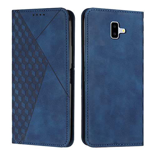 KOUYI Kompatible mit Samsung Galaxy J6 Plus 2018 Hülle, Retro Premium PU Leder Weich TPU Klapphülle Kartenfächer Magnetic Standfunktion Flip Wallet Shockproof Handyhülle (Blau) von KOUYI