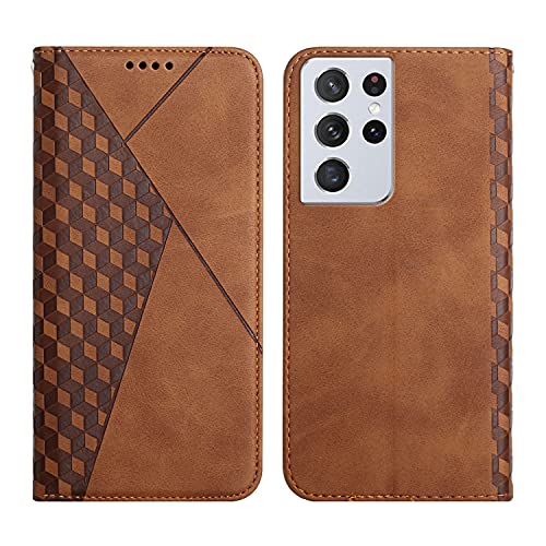 KOUYI Kompatible mit Samsung Galaxy S21 Ultra Hülle, Retro Premium PU Leder Weich TPU Klapphülle Kartenfächer Magnetic Standfunktion Flip Wallet Shockproof Handyhülle (Braun) von KOUYI