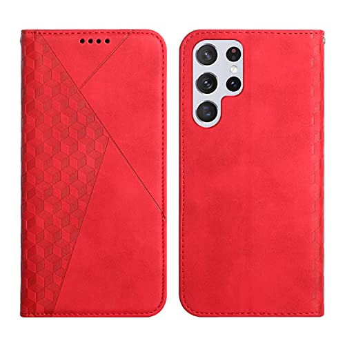 KOUYI Kompatible mit Samsung Galaxy S22 Ultra Hülle, Retro Premium PU Leder Weich TPU Klapphülle Kartenfächer Magnetic Standfunktion Flip Wallet Shockproof Handyhülle (Rot) von KOUYI