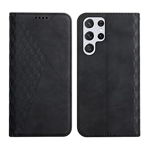 KOUYI Kompatible mit Samsung Galaxy S22 Ultra Hülle, Retro Premium PU Leder Weich TPU Klapphülle Kartenfächer Magnetic Standfunktion Flip Wallet Shockproof Handyhülle (Schwarz) von KOUYI