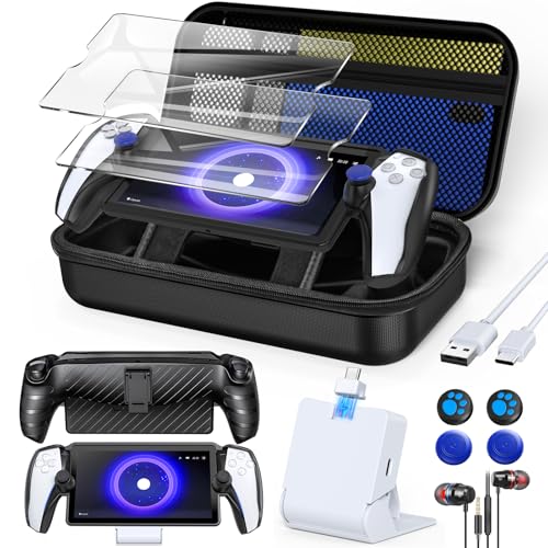 13 in 1 Zubehör Set für Playstation Portal, Tragetasche für PS Portal, TPU-Schutzhülle mit Kickstand, Portable Ladestation, 2*Displayschutzfolie, 4*Daumen Griff, Kopfhörer für PS Portal (Schwarz) von KOVA