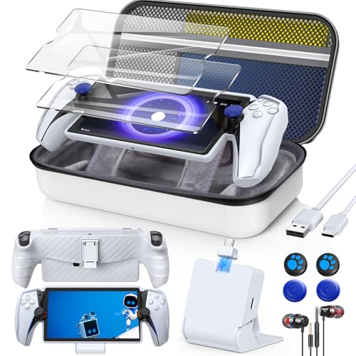 KOVA 13 in 1 Zubehör Set für Playstation Portal, Tragetasche für PS Portal, TPU-Schutzhülle mit Kickstand, Portable Ladestation, 2*Displayschutzfolie, 4*Daumen Griff, Kopfhörer für PS Portal (Weiß) von KOVA