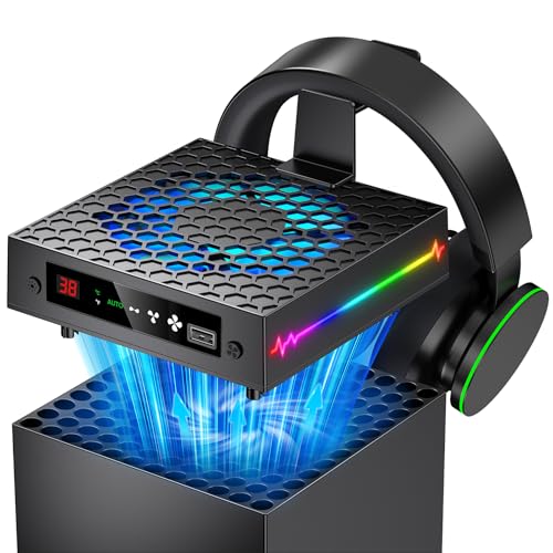 LED Display Automatisch Lüfter für Xbox Series X mit 9 RGB Licht Modi, Kühlsystem mit 4-Modus für Xbox Series X Konsole,Kühler Schalter Licht Schalter, Headset Haken,USB Port, Low Noise Hohe Effizienz von KOVA